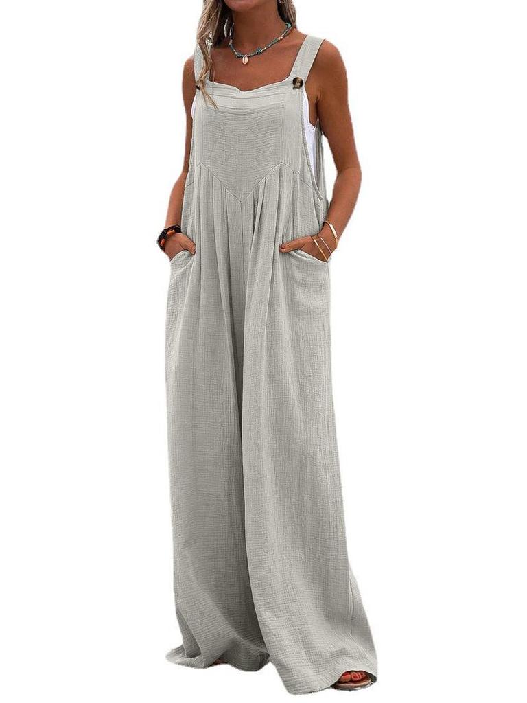 Women's Solid Color Casual Button Jumpsuit - European & American Style