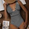Женский монокини с глубоким V-образным вырезом без рукавов, облегающий слитный купальник-бикини с полосатым принтом и высокой талией, утягивающий живот