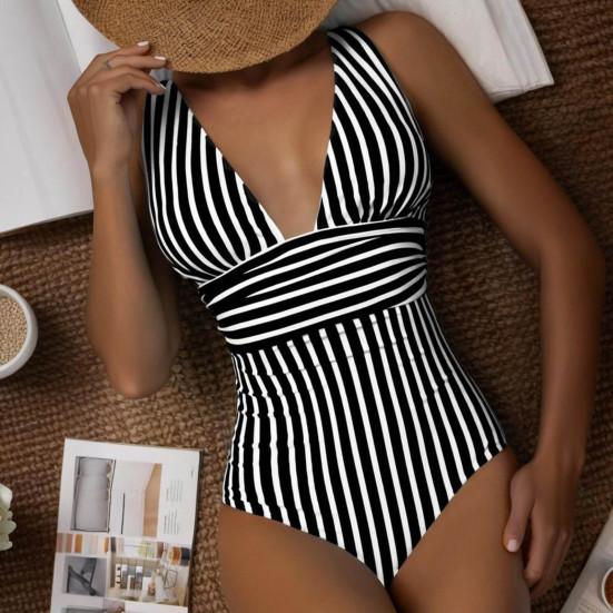 Женский монокини с глубоким V-образным вырезом без рукавов, облегающий слитный купальник-бикини с полосатым принтом и высокой талией, утягивающий живот