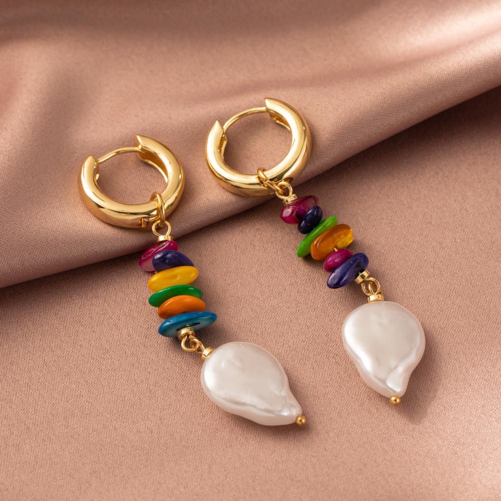 Fashionable Geometric Earrings With Colorful Stones And Imitation Pearls For Women