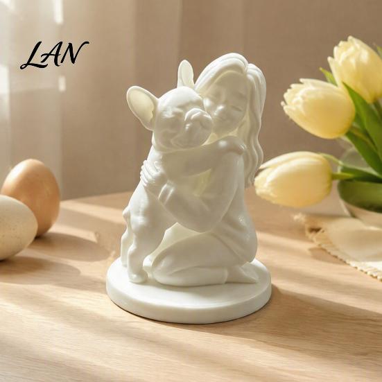 Easter Table Decorations 3D Printed Dog And Owner Figurine, Minimalist Bulldog Girl Statue, Pet Figurines Healing Hugging Sculpture for Home