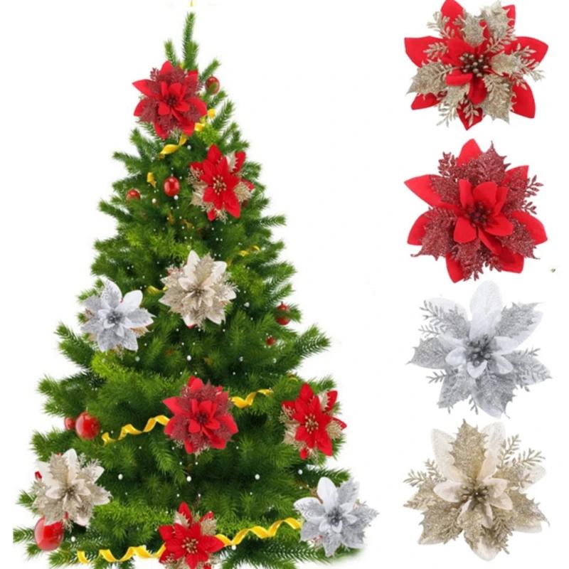 10 шт. Рождественский цветок, блестящий золотой порошок, блестки, украшение на рождественскую елку, праздничная вечеринка, домашний цветочный рождественский венок, домашний декор