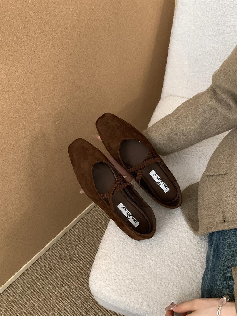 Flat Bottom French Small Square Head Suede Light Mouth Single Shoes Women's Spring and Autumn Evening with Skirt Mary Jane Pregnant Women's Grandma Sh