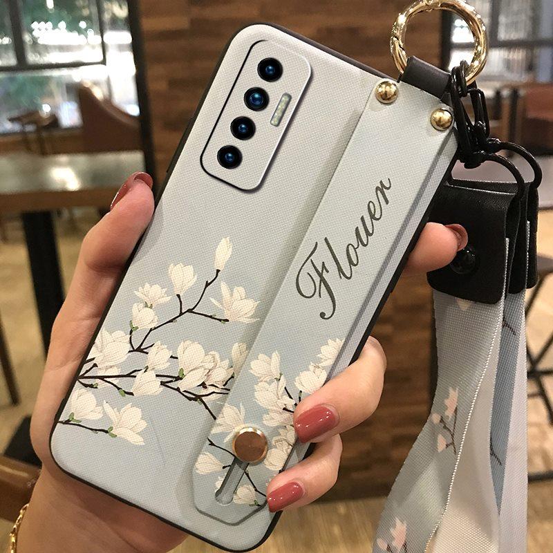 Soft Case Silicone Phone Case For Tecno Camon17P Dirt-resistant Flower Durable Wrist Strap Wristband Lanyard Ring