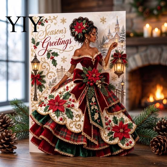 Creative Winter Celebration Cards 3D Christmas Angel Greeting Card, Pop Up Holiday Blessing Poinsettia Festive Home Office Decorations Snowflake