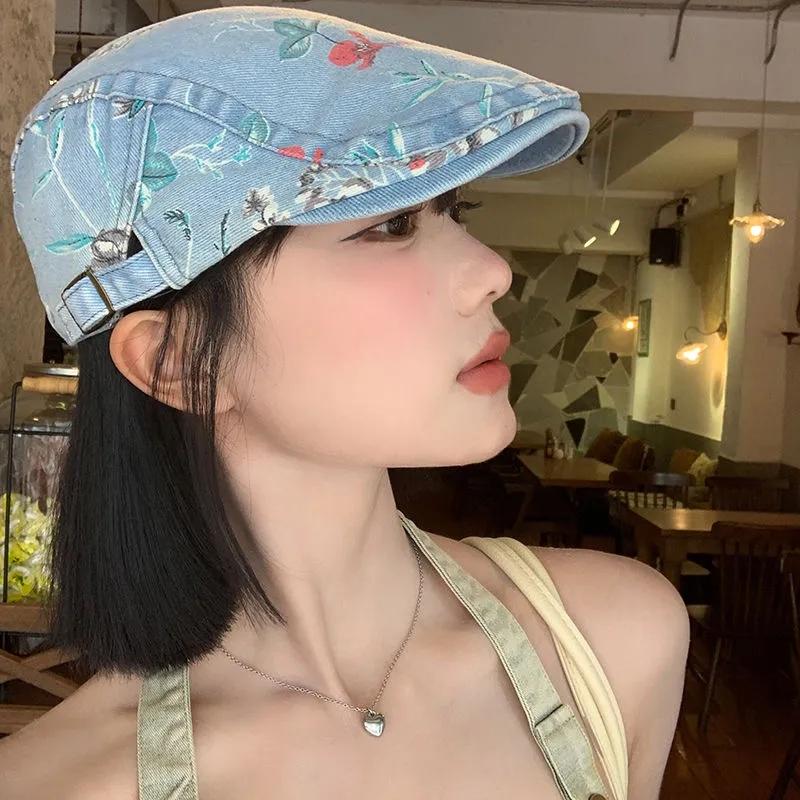 WTEMPO Ретро Простые Повседневные Цветочные Печатные Джинсовые Береты Женские Универсальные Этнические Стильные Однотонные Хлопковые Кепи Шляпы