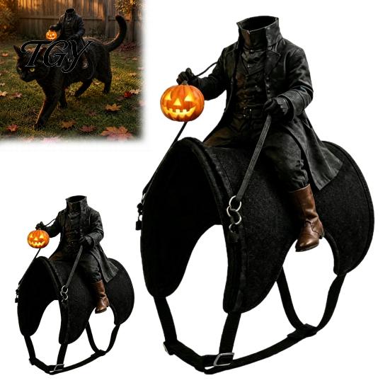 Holiday Pet Outfit for Dogs Headless Horseman Cat Costume, Halloween 3D Funny Rider with Pumpkin Costume Lantern, Adjustable Harness Small Cats,