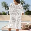 Women's Mesh Crochet Swimwear Cover-Up V-Neck Short Sleeve Hollow Out Beachwear Loose Fit Bikini Cover Up Dress for Vacation Travel