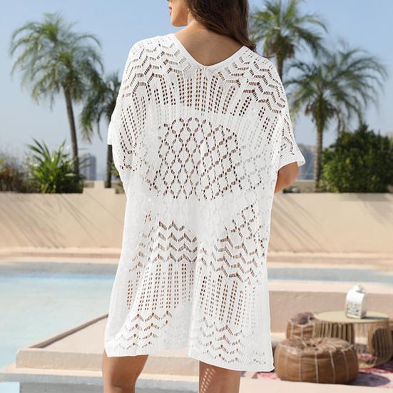 Women's Mesh Crochet Swimwear Cover-Up V-Neck Short Sleeve Hollow Out Beachwear Loose Fit Bikini Cover Up Dress for Vacation Travel