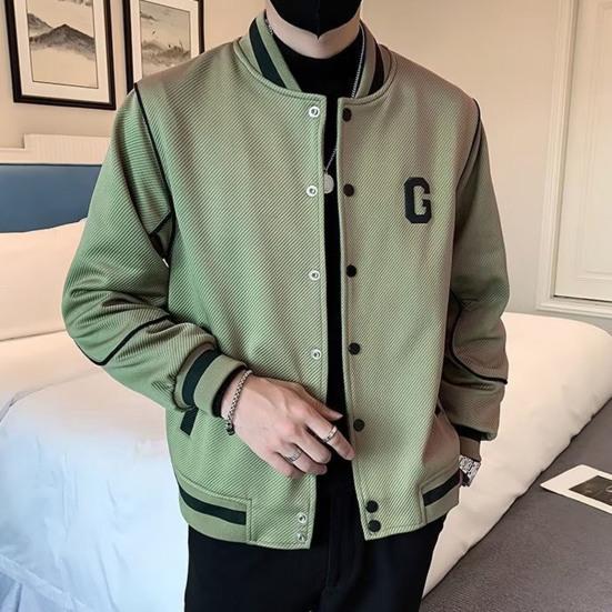 Men Baseball Coat Long Sleeve Single-Breasted Jacket with Letters Print Baseball Collar Outdoor Sports Outerwear