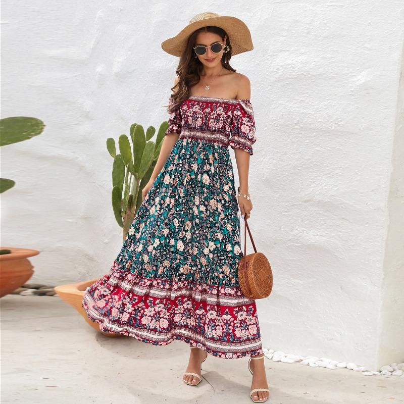 Платья для пляжного отдыха в стиле бохо, платья миди с рукавами-фонариками и одним плечом