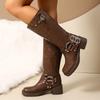 Fashion Fashion Women's Motorcycle Boots Autumn Winter Brown Pu Leather Knee High Boots Women Buckle Strap Chunky Heel Riding Boots 2025