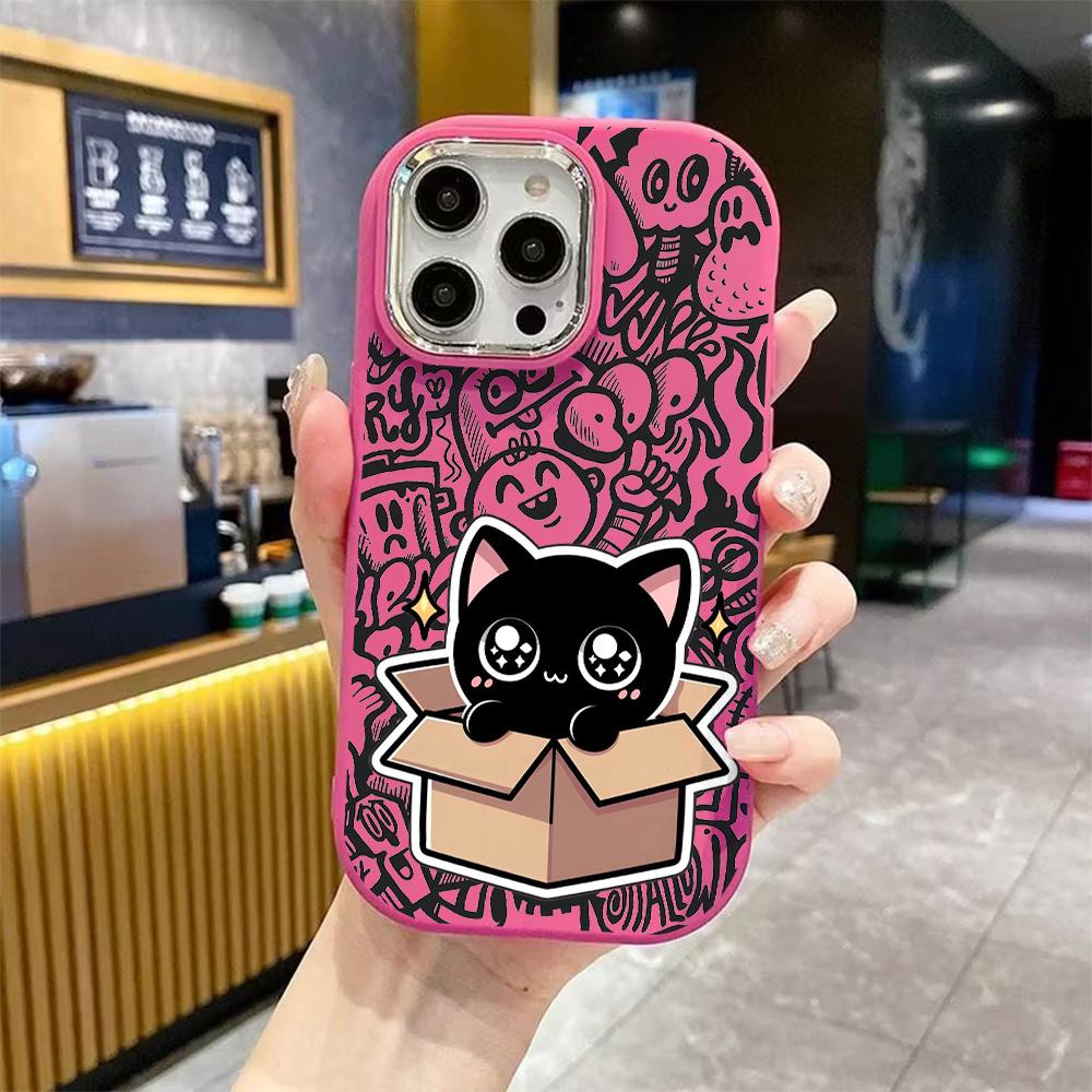 Phone Case: 2D flat design suitable for iPhone 18 17 16 15 14 13 Pro, couple style, little black cat, Christmas and Halloween gifts