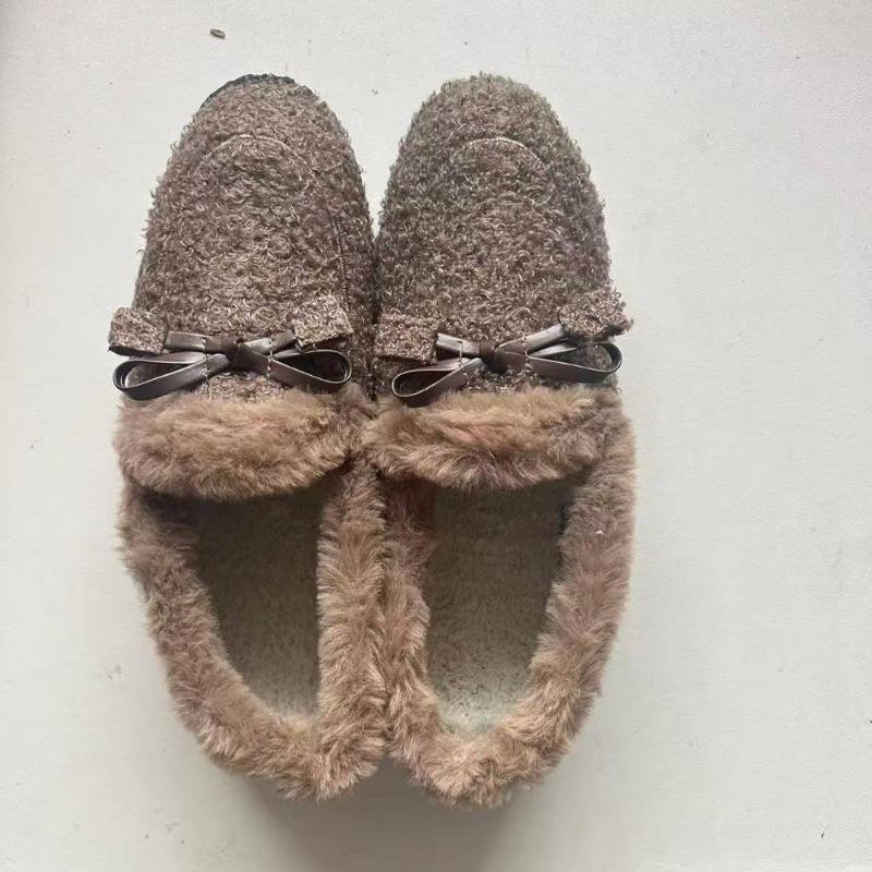 Women's Winter Faux Fur Loafers Warm Cozy Slipper with Polar Fleece Lining Non Slip House Shoes for Indoor Outdoor Flat Shoes With Bow-tie for Female