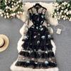 Frence Vintage Flower Embroidery Evening Party Dress Summer Long Sleeve Princess Fairy Vestidos Lace Mesh Ruffles Clothes