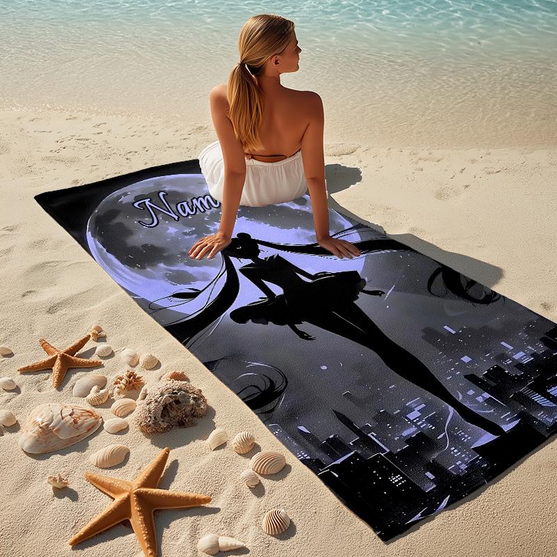 Personalized Name Moonlit Guardian Stylish Digital Printing Beach Towel Quick‑Drying Absorbent Blanket for Beach Pool Gym Travel