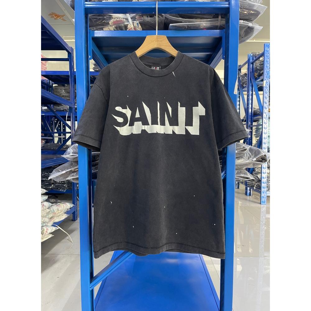 Винтажная мужская повседневная свободная рубашка Saint25ss с высококачесным принтом в виде букв, стираная, оверсайз