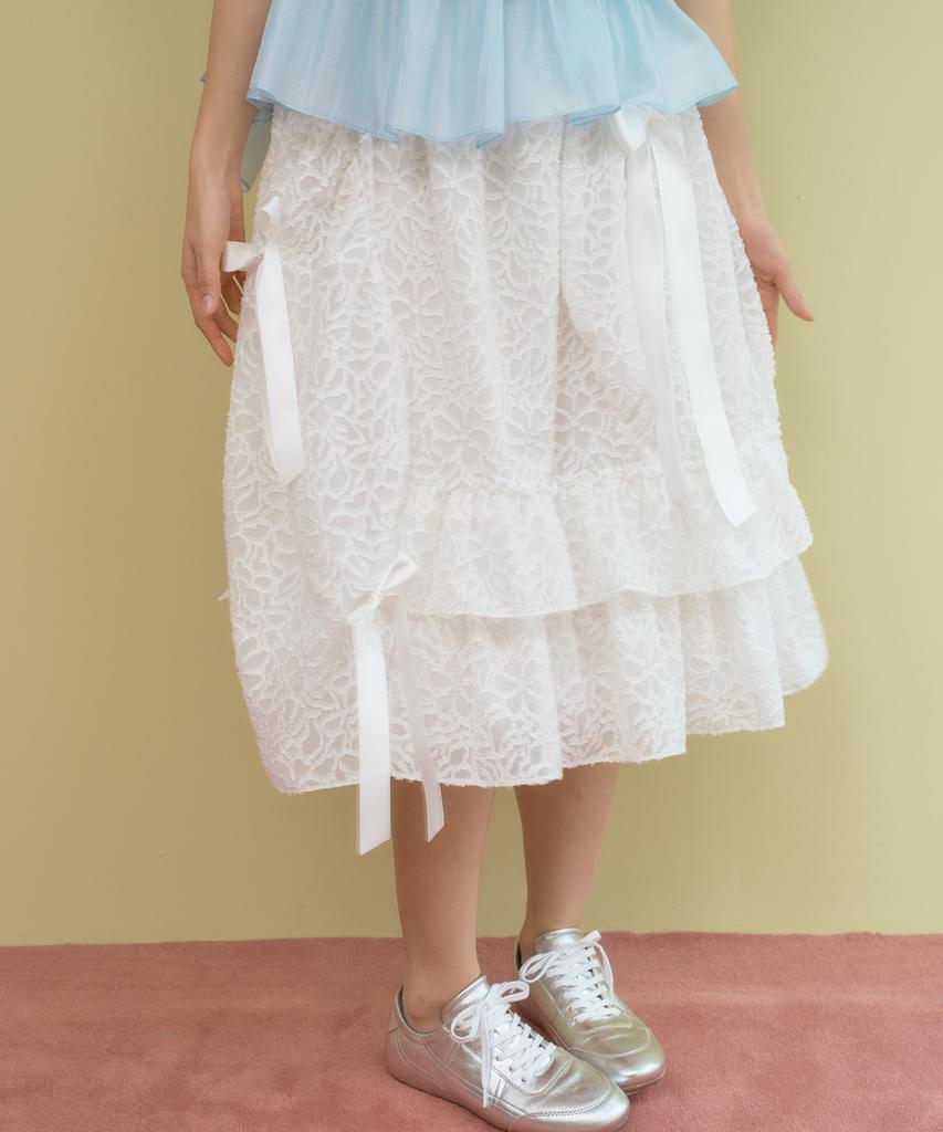 Sennyu Floral Sheer Ruffle Ribbon Skirt (White)
