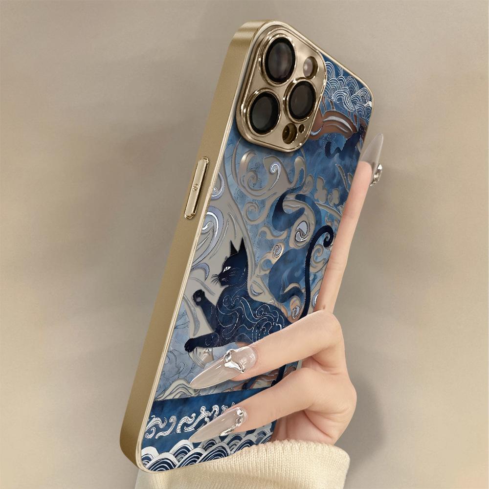 Темно-синий кот подходит для чехла для мобильного телефона Apple 17promax16 новый 15 iPhone13 зеркальный Apple 17 зеркальный