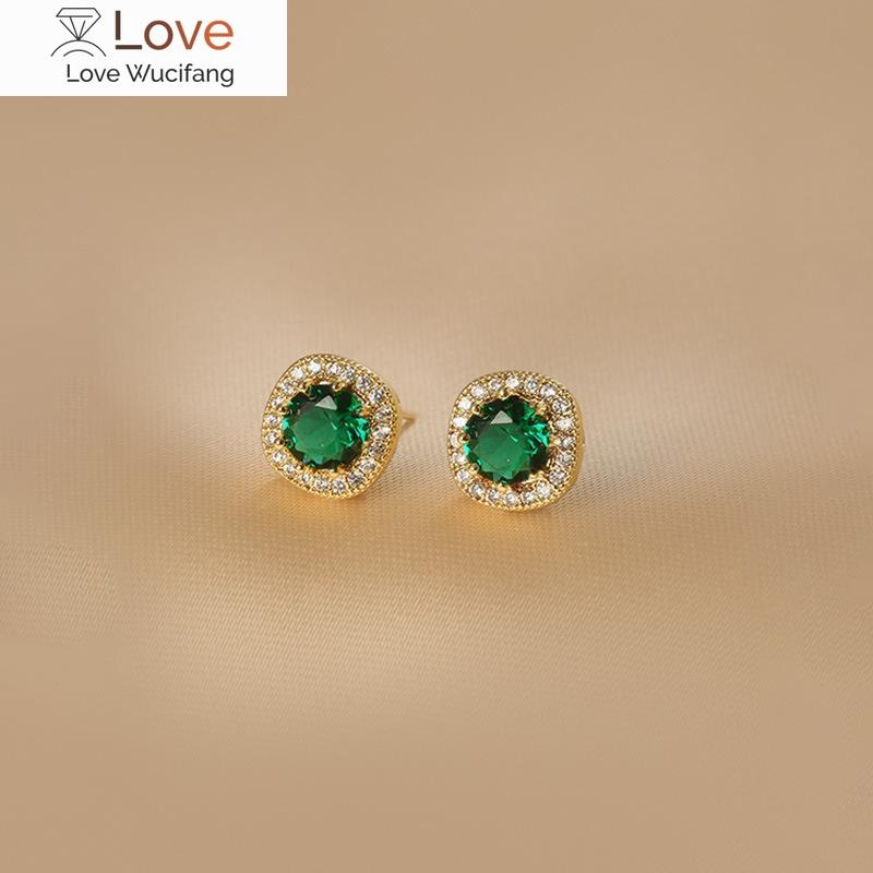 925 Sterling Silver Classical Green Square Diamond Stud Earrings Simple Retro Emerald Zircon Earring Clip for Women