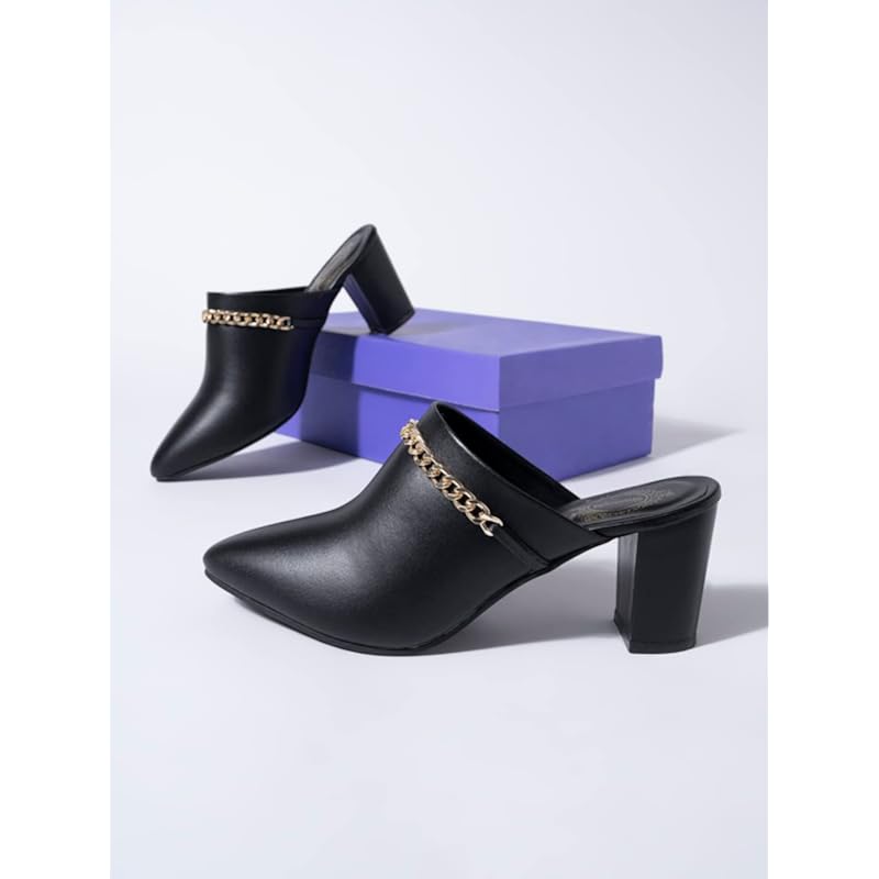 Shoetopia Женские и Девичьи Туфли-лодочки с Острым Носом и Стильной Золотой Цепочкой/Bantu-428/Черный/UK 8