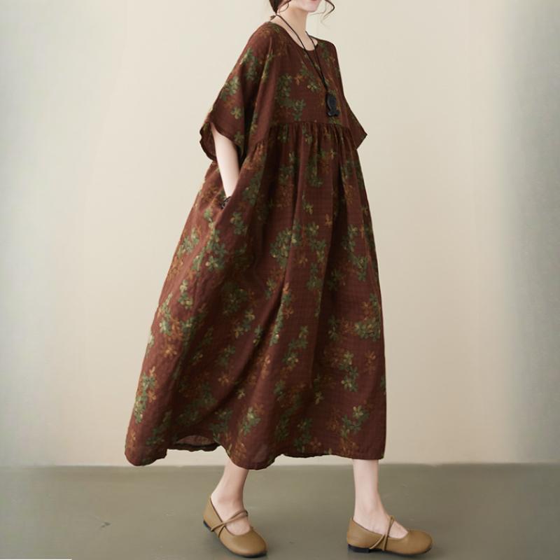 Летнее платье с короткими рукавами и цветочным принтом, литературное ретро-платье с круглым вырезом, длинная юбка с принтом