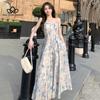 French Blue Oil Painting Long Dress Beach Dress Floral Sling Dress Women's Summer Fairy Style Casual Party Dress