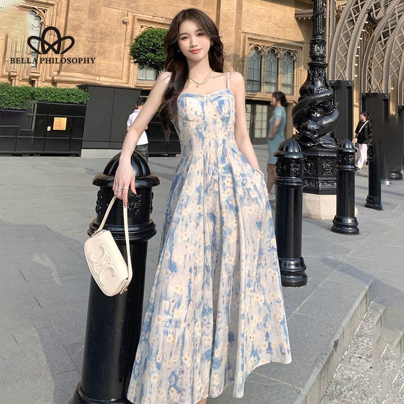 French Blue Oil Painting Long Dress Beach Dress Floral Sling Dress Women's Summer Fairy Style Casual Party Dress