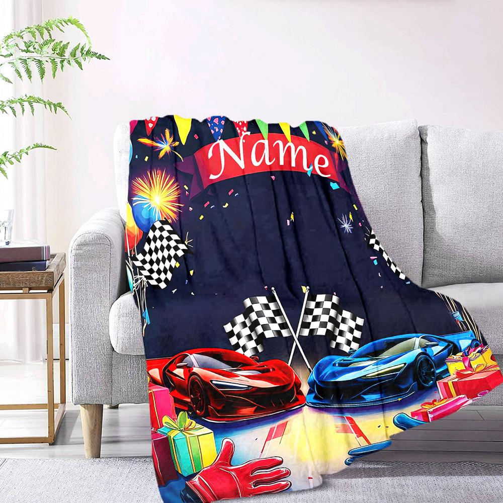 Race Car Birthday Celebration With Gifts And Checkered Flags Throw Customizable Blanket Customize Your Name Soft Warm Cozy For Sofa Couch Office Bed
