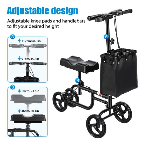 Steerable Leg Scooter Knee with Rear Wheel Brake Locking Handbrake, Crutches Alternative Adults Walker All-Terrains Canvas Bag, Adjustable for Broken