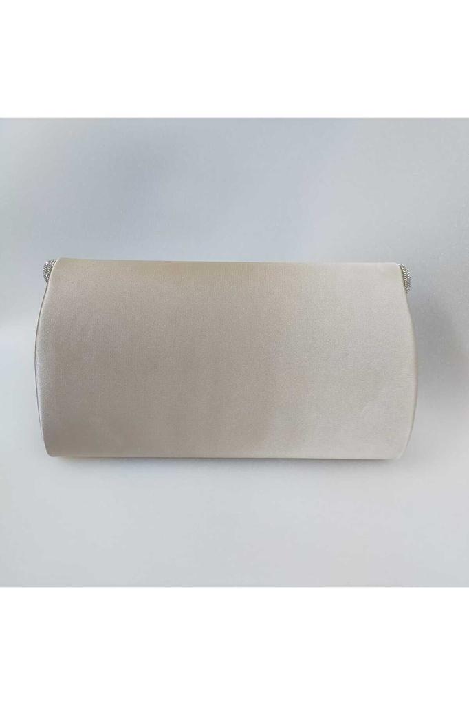 Women's Stylish and Useful Evening Dress Bag Shiny Beige Satin Silver Stone Evening Bag
