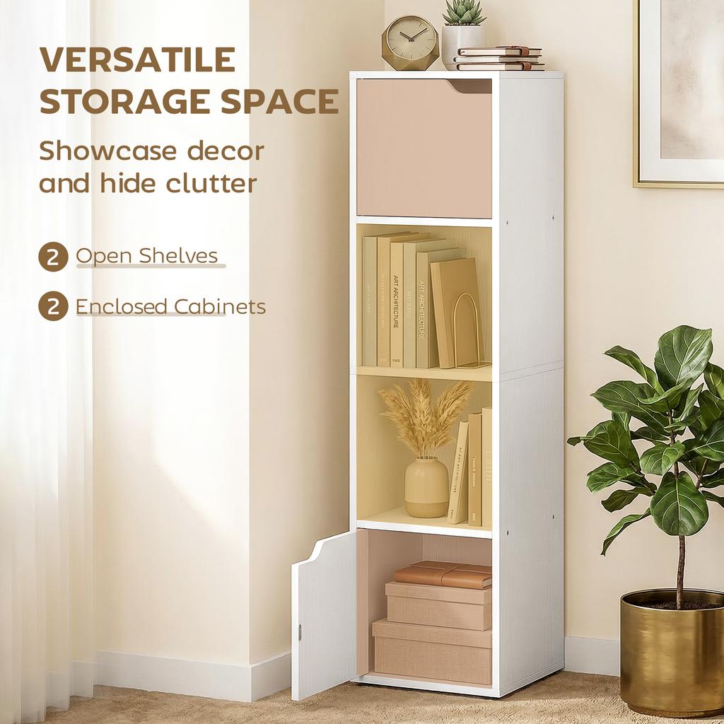 Narrow Bookcase 4 Tier Bookshelf Storage Cabinet With Doors For Living Room Bedroom White