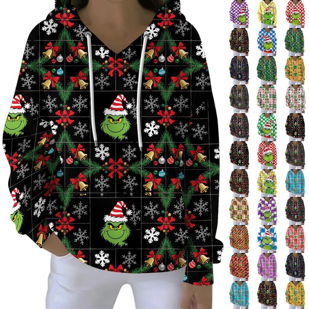 Ladies' Loose And Comfortable Drawstring V-neck Long Sleeved Christmas Printed Sweatshirt