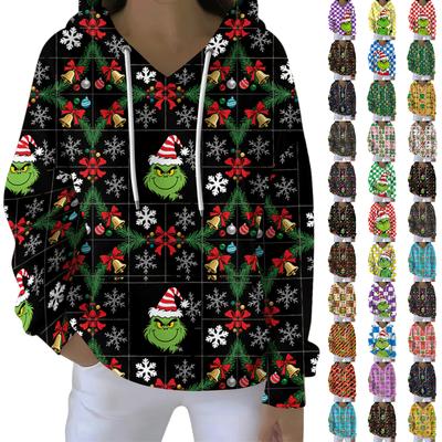 Женский свободный и удобный свитшот с V-образным вырезом на кулиске, с длинными рукавами и рождественским принтом