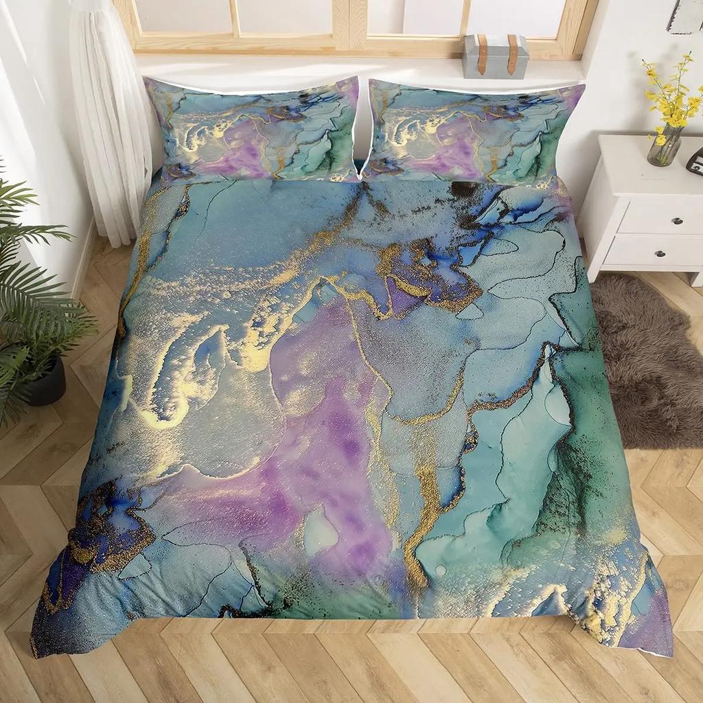 Marble Duvet Cover Set Marble Bedding Set Blue Gold Abstract Texture Kid Bedclothes Double Queen King Size Polyester Quilt Cover