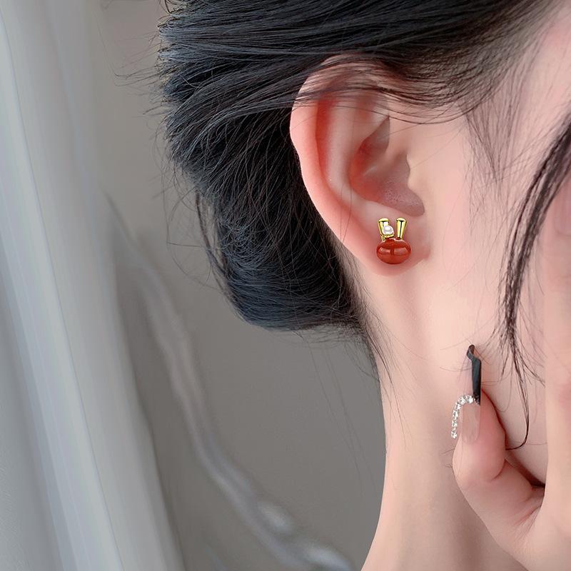 Cute Little Rabbit Jade White Jade Southern Red Earrings Small Earrings Year of Rabbit Earrings