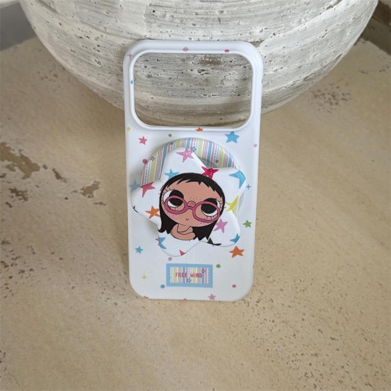 Cute Big Eye Girl Star Print Phone Case with Stand For iPhone 15 16 17 Pro Max Kawaii Shockproof Protective Cover
