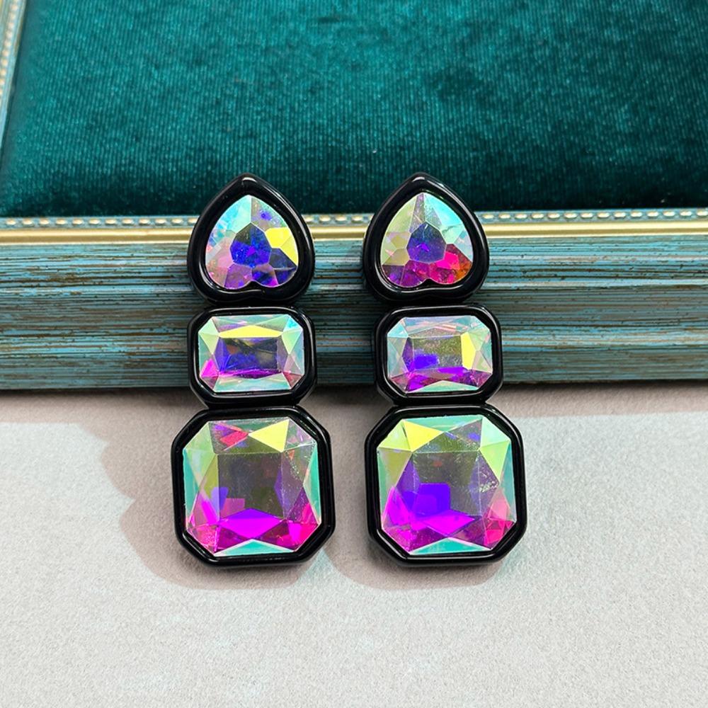 Colorful Shiny Rhinestone Earrings Resin Heart Shape Ear Jewelry Geometric Square Studs Gift