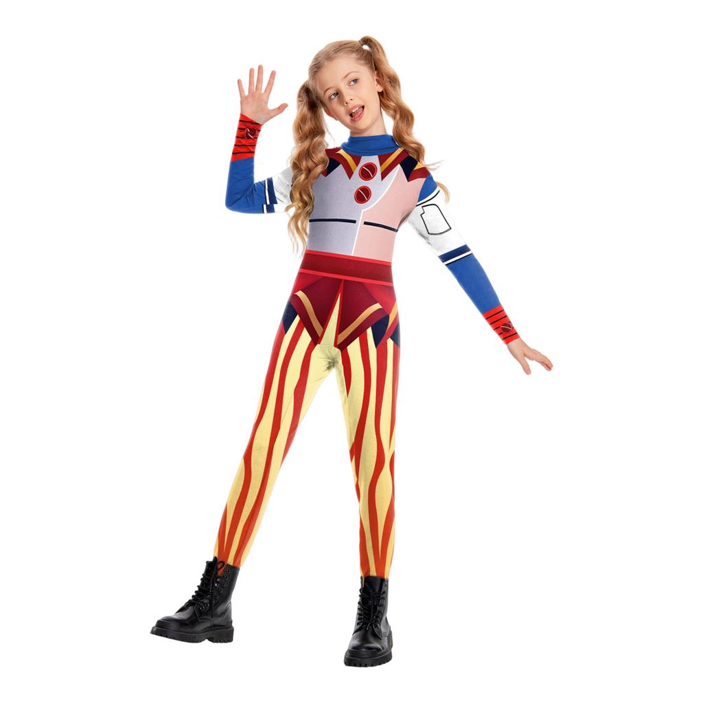 Kids Circus Performer Costume Full Body Jumpsuit Long Sleeve Stage Outfit Halloween Role Play Suit for Children Boys and Girls