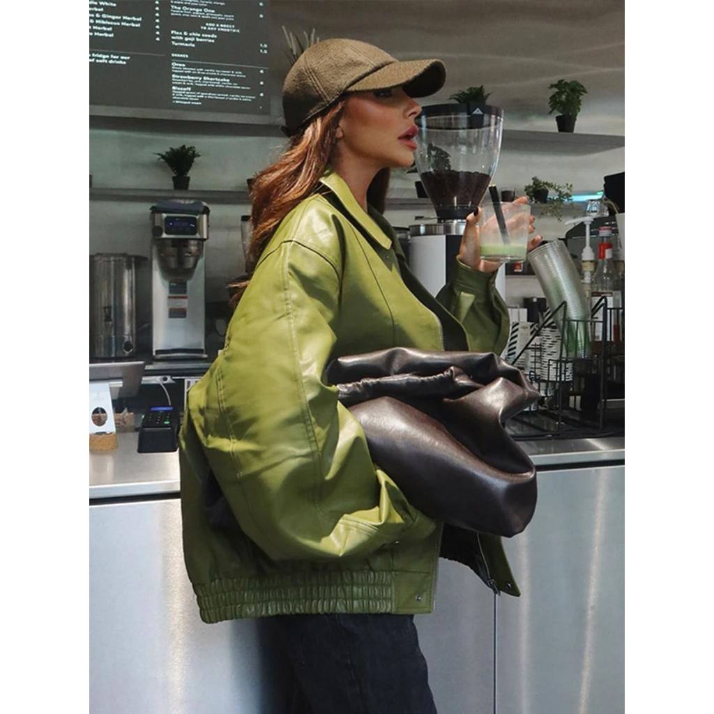 Оливково-зеленая кожаная куртка, пальто, силуэт, винтажный, уличный тренд, молния, лацкан, короткое пальто, свободный повседневный топ, верхняя одежда, осень