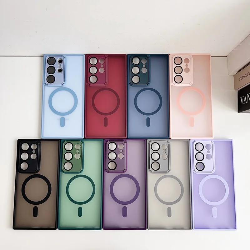 For Samsung Galaxy S24 S23 S22 Ultra Plus + Magnetic Phone Case with Camera Lens Film Protection Matte Soft Cover