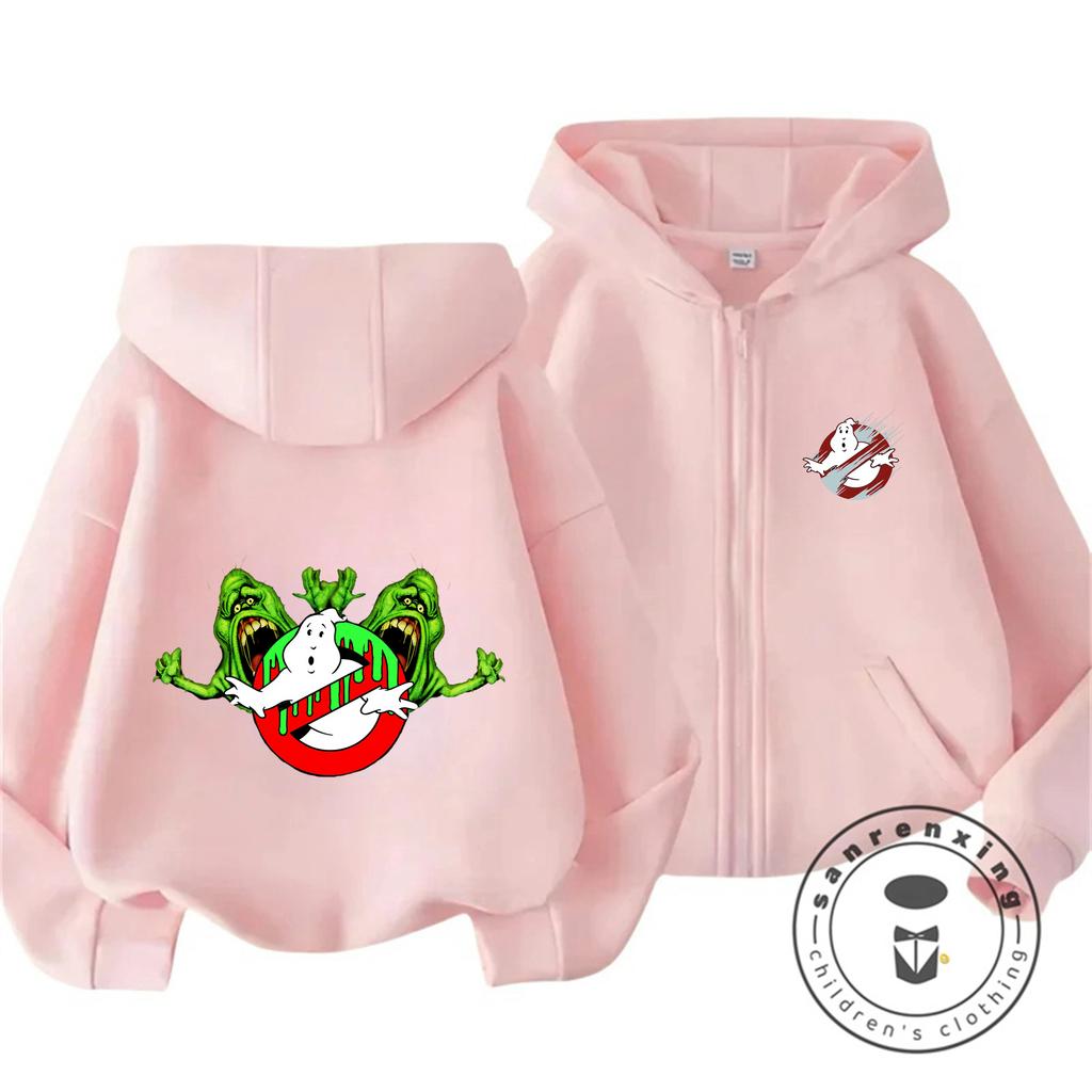 Vintage Wash Ghostbusters Cartoon Zip Hoodie Boys Girls 3-14 Years Retro 2026 Kawaii Outdoor Hooded Sweatshirt