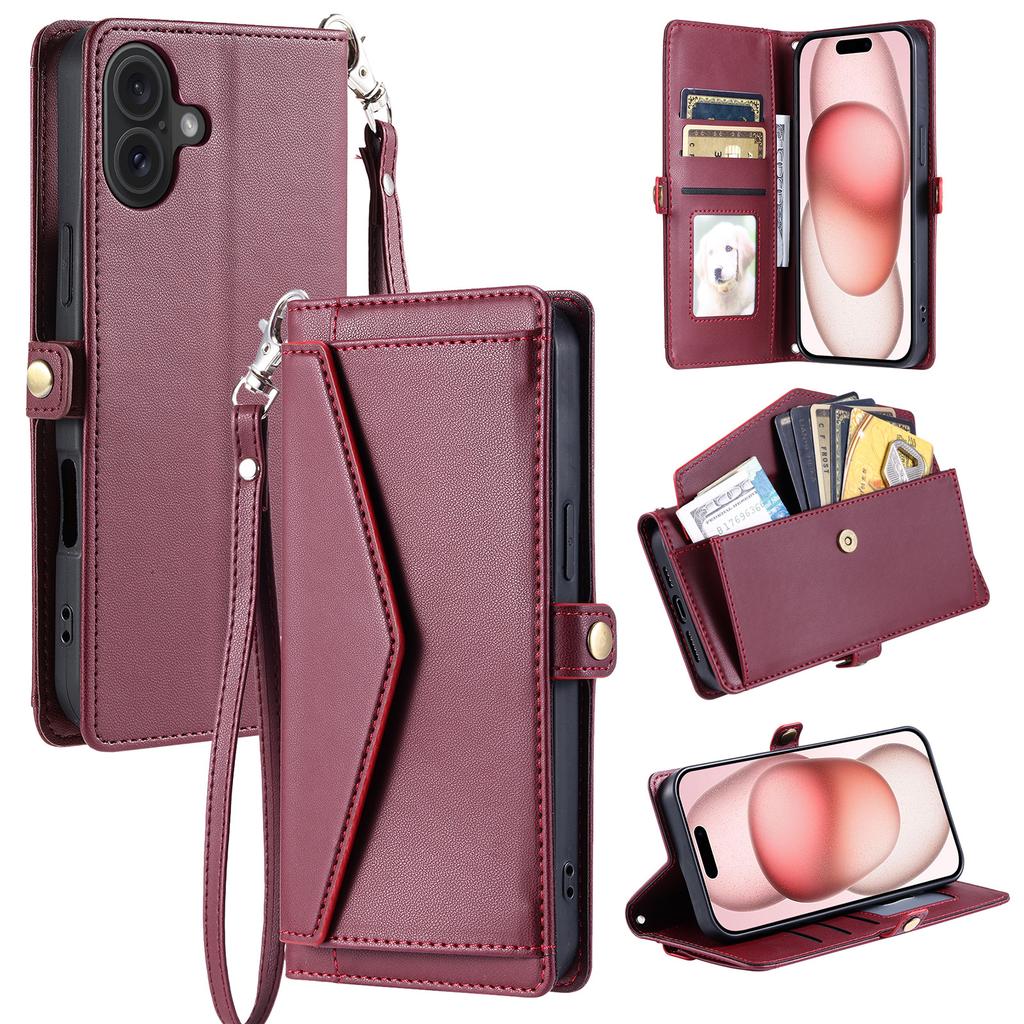 For iPhone 17 Leather Case with Wrist Strap Wallet Stand Phone Cover