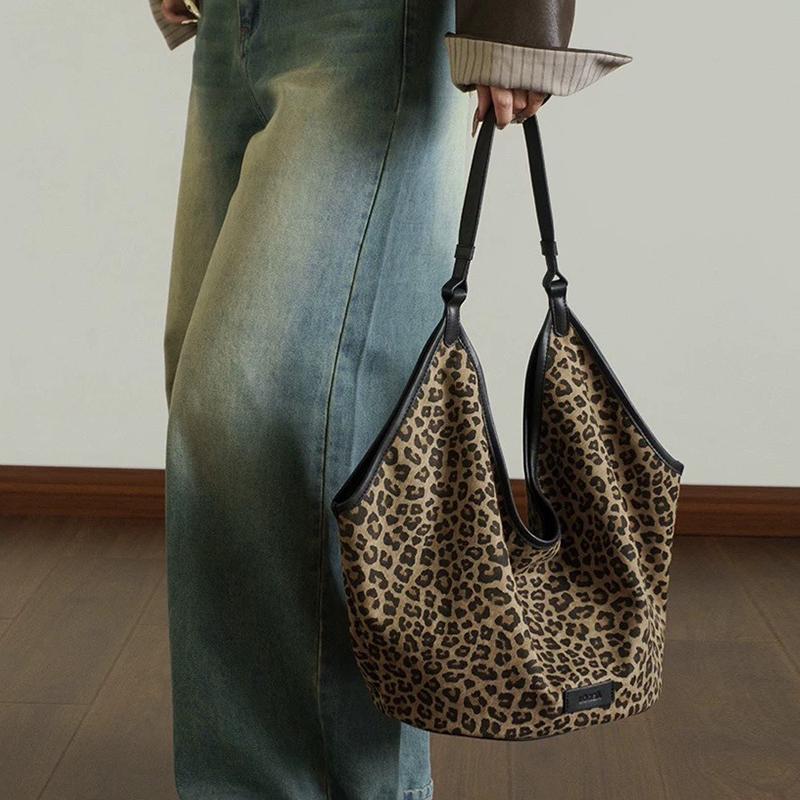 Винтажная большая сумка-тоут с леопардовым принтом, женская модная сумка через плечо, большая вместимость, эстетичные новые дизайнерские сумки для женщин и молодежи