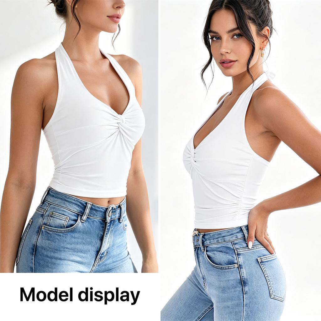 Ladies Halter Neck Sleeveless Tank Top Twist Front Deep V Neck Slim Fit Solid Short Casual Summer Crop Blouse