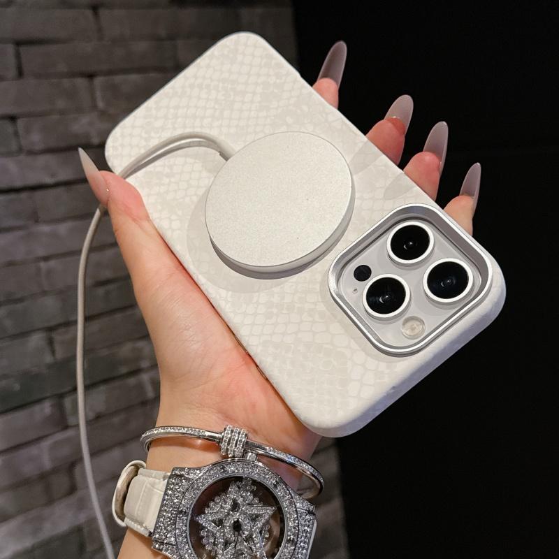 Для iPhone 16 15 14 Plus Pro Max Чехол Magsafe Металлическая Рамка Защита Камеры Узор Змеиной Кожи Микрофибровая Подкладка Кожаная Крышка