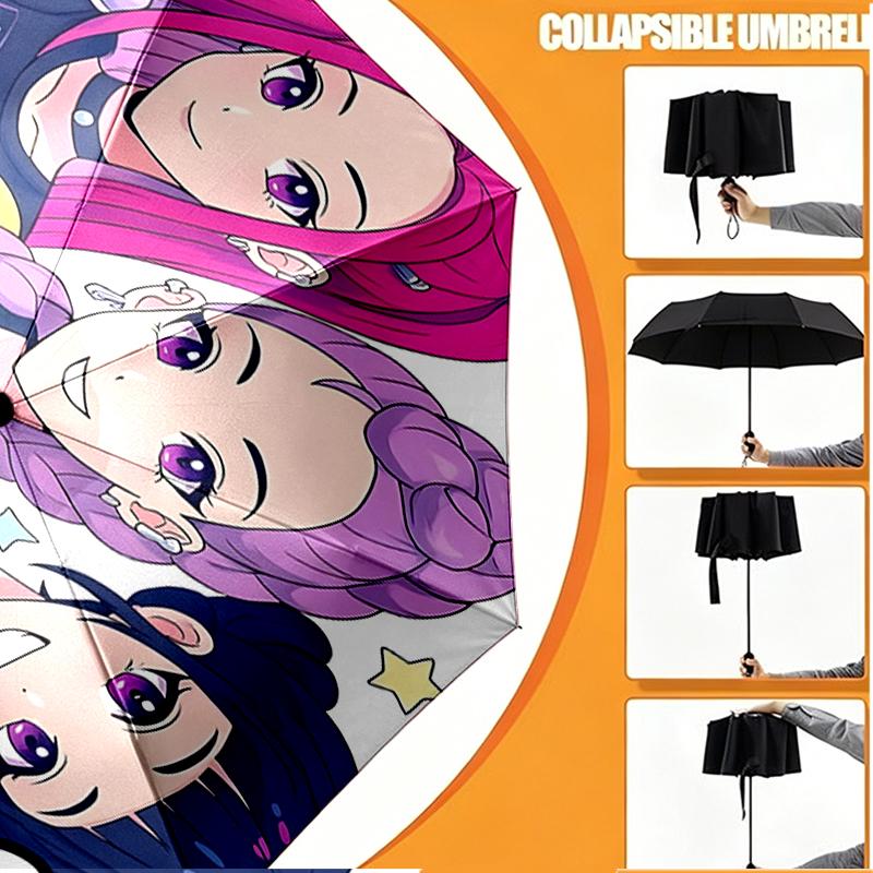 Custom Name Personalized KPop Hunters Print Umbrella, Auto Open Close, 8‑Rib Sturdy Frame, Commute Camping Hiking Use, Birthday Gift