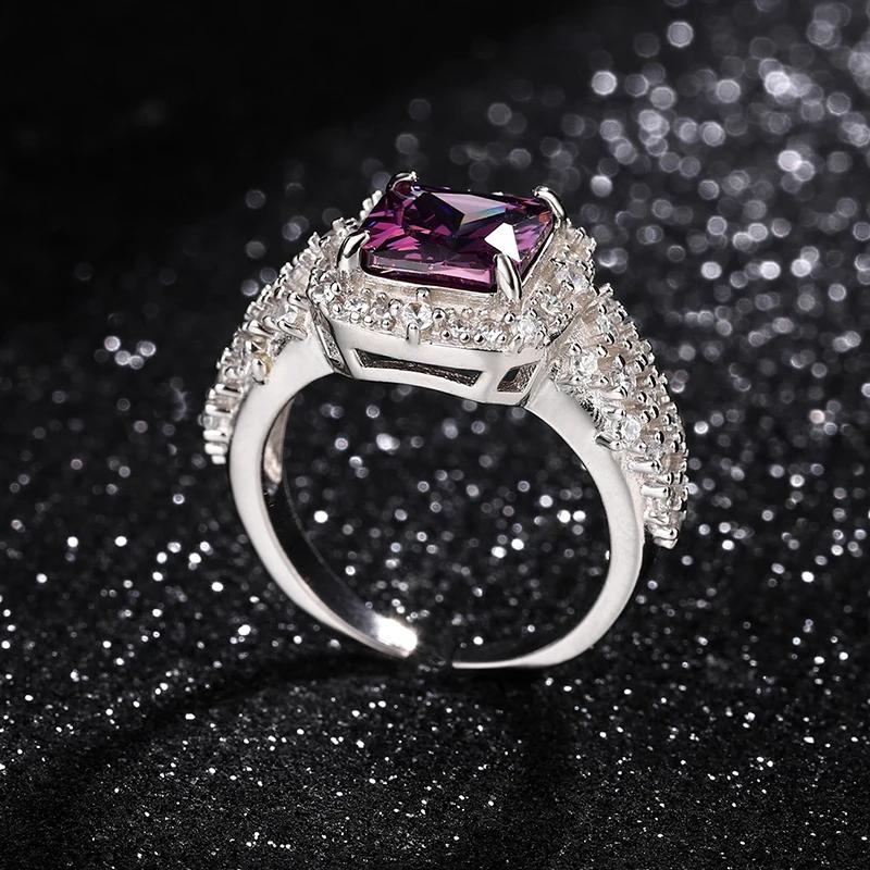 Luxury Adjustable Rings Jewelry Square Purple Zircon Silver Color Opening Wedding Party Ring for Women Gifts