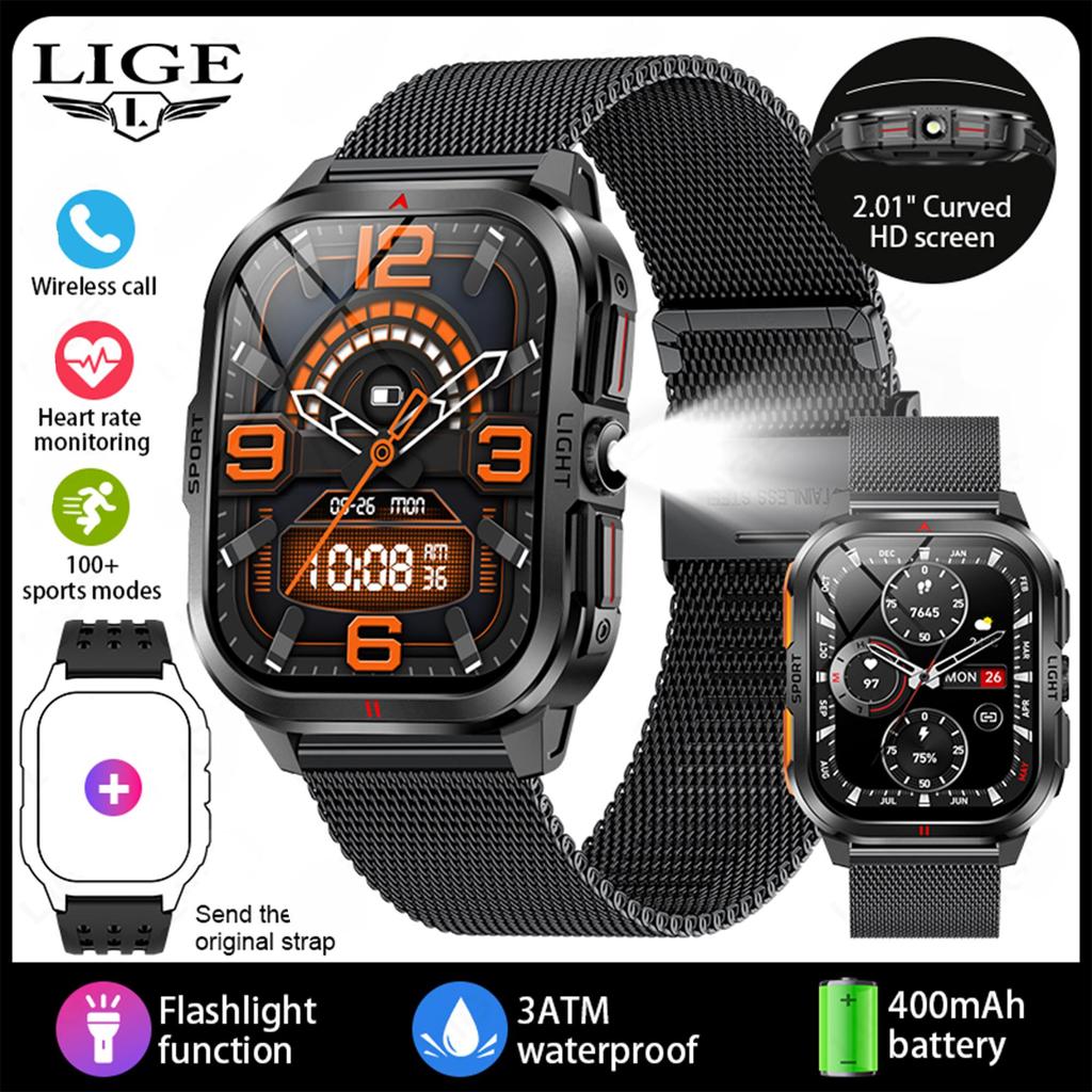 LIGE New Smart Watch 2.01-inch Curved Screen Bluetooth Call Outdoor Sports Waterproof Men's Smart Watch