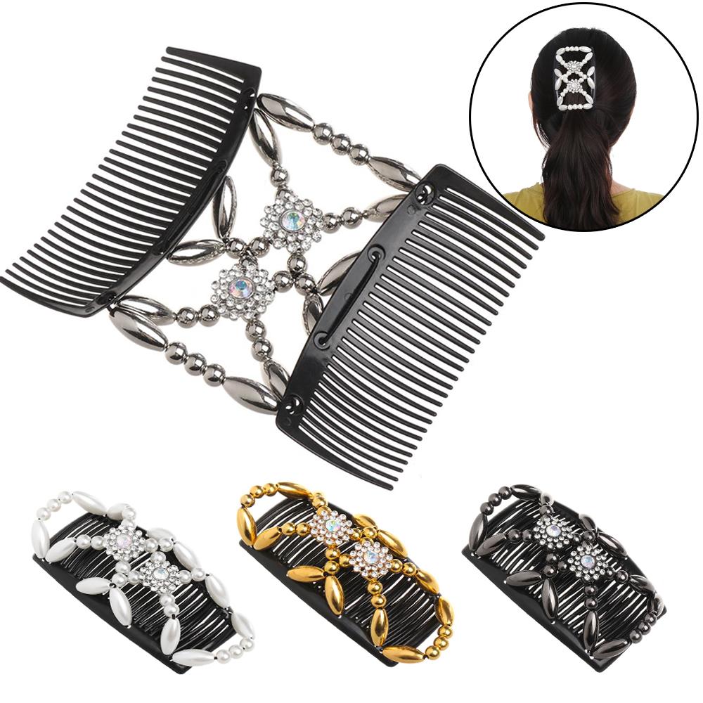 Handmade Flower Crystal Bun Maker Elastic Hairpin Beaded Hair Clip Double Comb Magic Hair Comb
